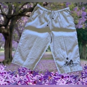 Palm Grove Women's  2X  Beige Palm Flower Printed Pull On Cropped Pants Wide Leg